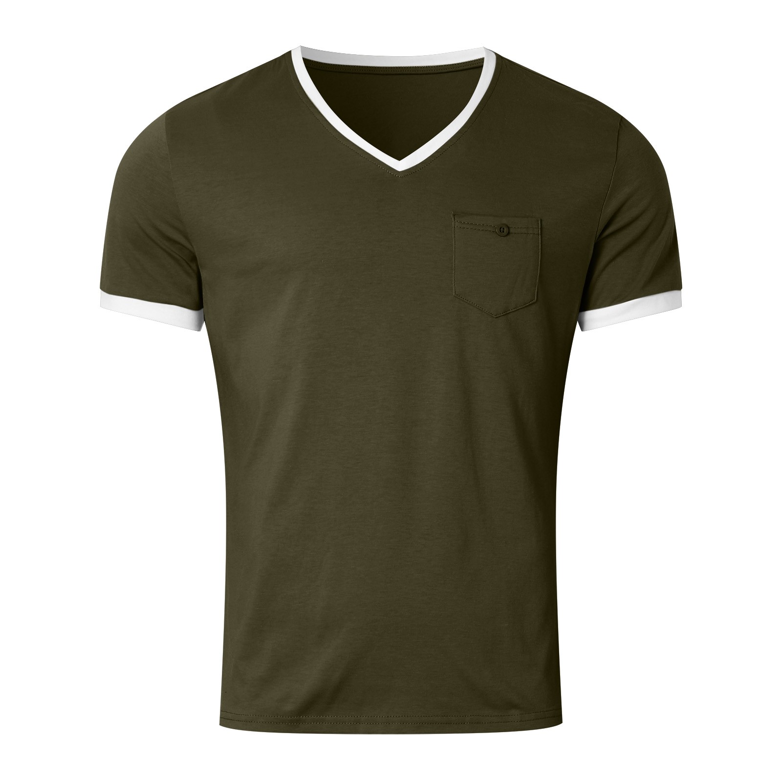 thumbnail image 4 of Camiseta de cuello en V para hombre, de color liso, manga corta, diseño con bolsillo cosido, prenda informal para el día a día, confeccionada en tejido de poliéster ligero, 4 of 5